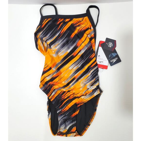 Speedo Power Flex Eco Racing Cut Flyback Swimsuit Orange & Black Size 26 XS - Picture 1 of 10